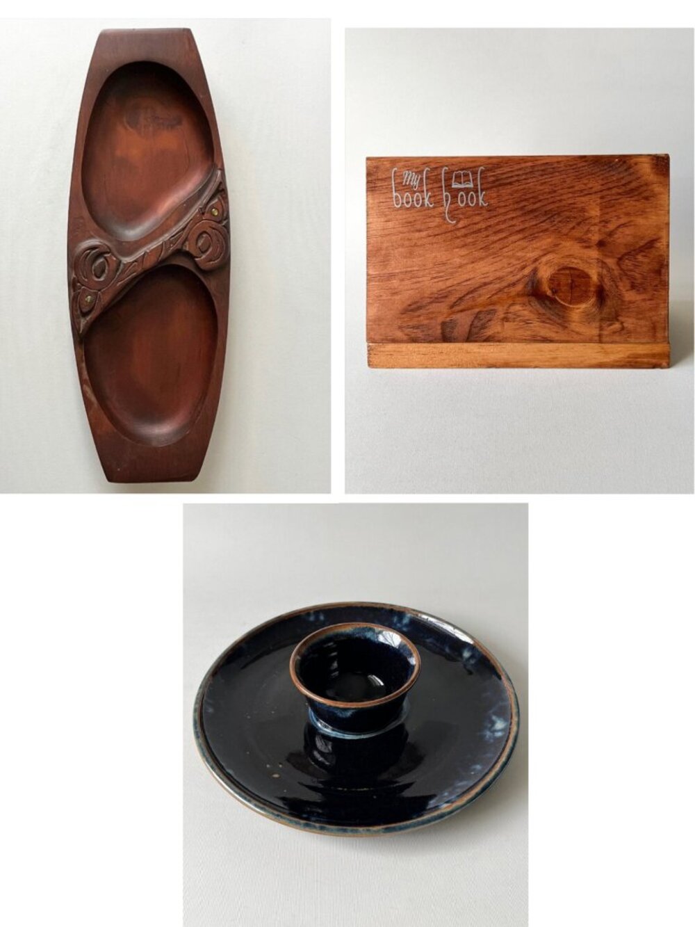 Maori Wood Tray Wooden Triangle Book Holder Studio Pottery Chip & Dip Platter